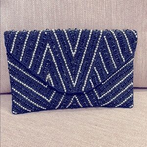 💙NWT Elegant Navy Blue and Silver Clutch with Gold hardware & dustbag